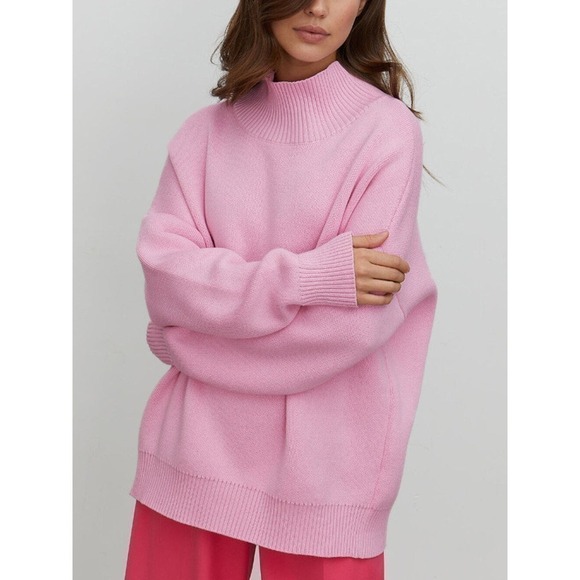 Oversized Barbie Barbiecore Mock Neck Slouchy Preppy Sweater Pink Size Small - Picture 1 of 4